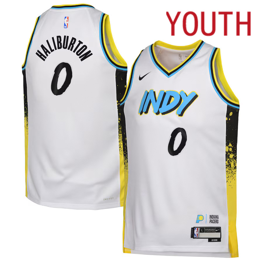 Youth Indiana Pacers 0 Tyrese Haliburton Nike White City Edition 2024-25 Swingman Player NBA Jersey